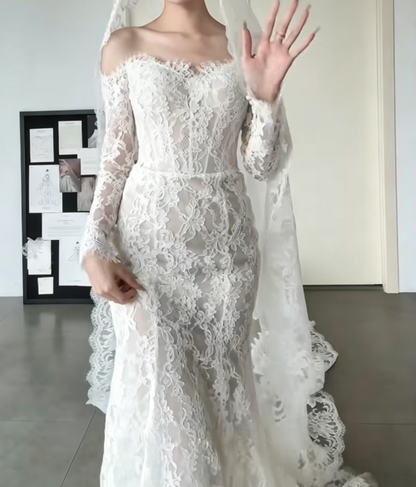 Ethereal Off-Shoulder Lace Wedding Dress Long Sleeve Mermiad Bridal Dress GG6535