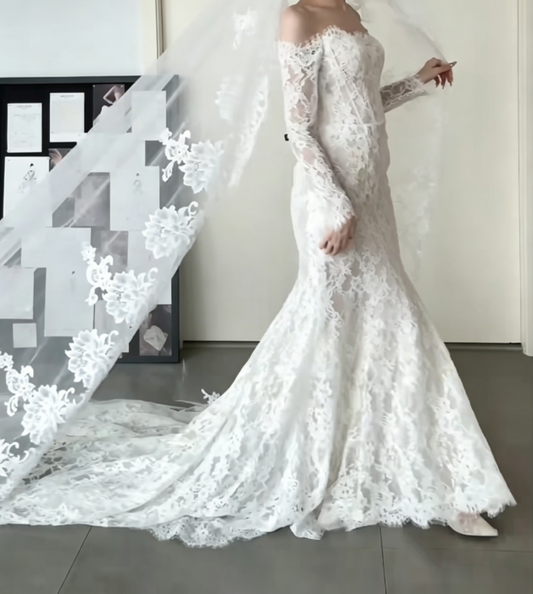 Ethereal Off-Shoulder Lace Wedding Dress Long Sleeve Mermiad Bridal Dress GG6535
