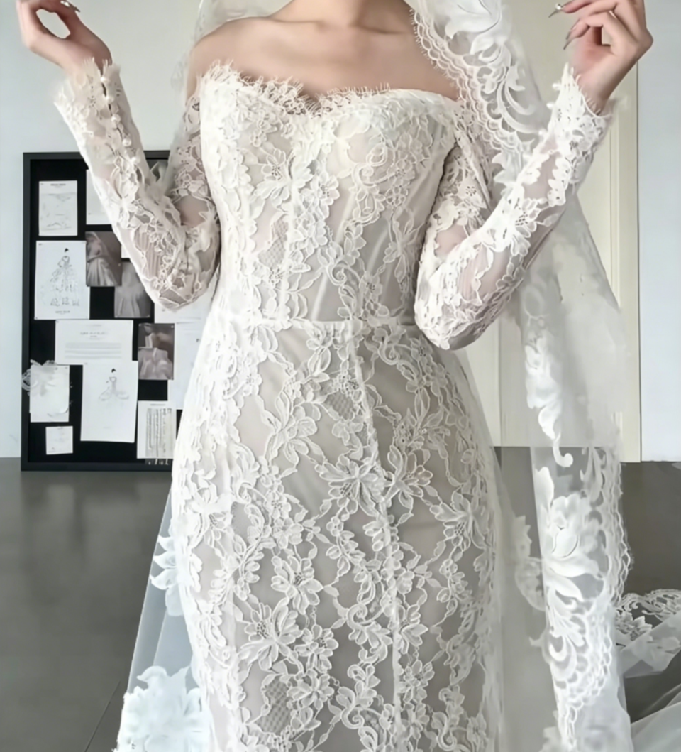 Ethereal Off-Shoulder Lace Wedding Dress Long Sleeve Mermiad Bridal Dress GG6535