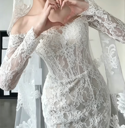 Ethereal Off-Shoulder Lace Wedding Dress Long Sleeve Mermiad Bridal Dress GG6535