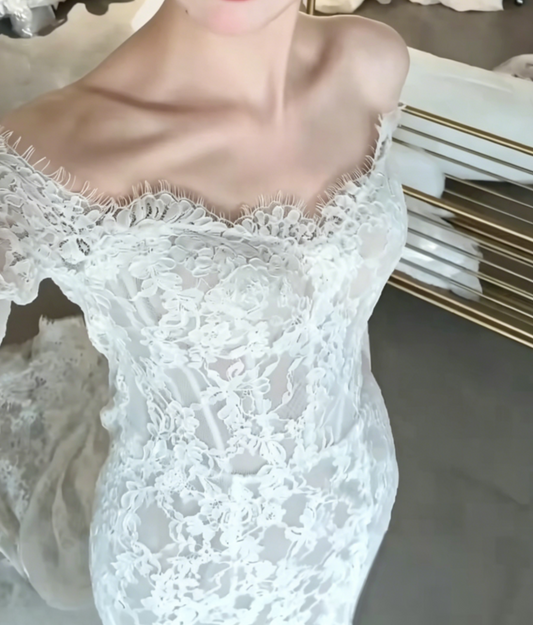 Ethereal Off-Shoulder Lace Wedding Dress Long Sleeve Mermiad Bridal Dress GG6535