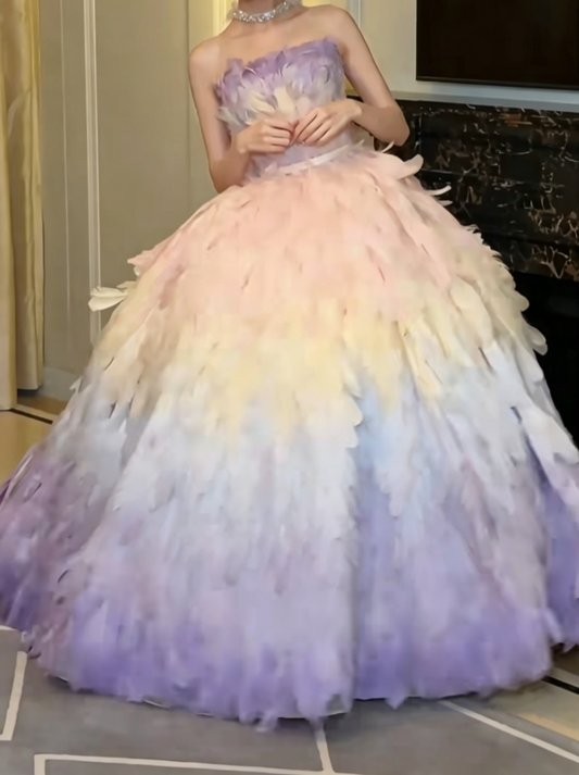 Charming Strapless Gradient Prom Dress Feather A-Line Evening Dress GG6539