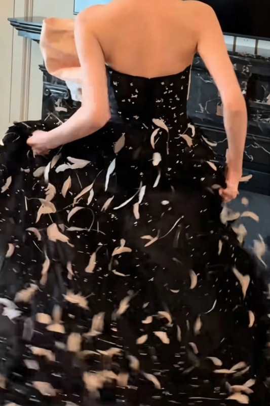Attractive Strapless Black Prom Dress Sequins Feather A-Line Evening Dress GG6540