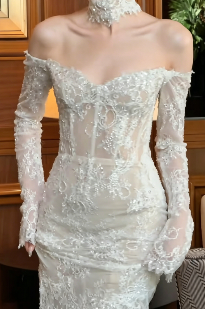 Classical Off-Shoulder Lace Wedding Dress Long Sleeve Sequins Mermiad Bridal Dress GG6542