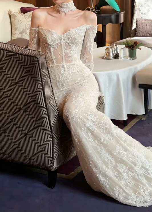 Classical Off-Shoulder Lace Wedding Dress Long Sleeve Sequins Mermiad Bridal Dress GG6542