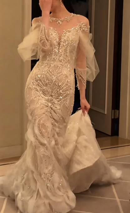 Romantic Illusion Neck Beaded Wedding Dress Long Sleeve Sequins Mermiad Bridal Dress GG6544