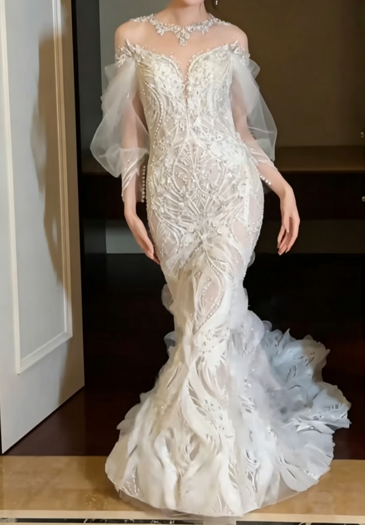 Romantic Illusion Neck Beaded Wedding Dress Long Sleeve Sequins Mermiad Bridal Dress GG6544