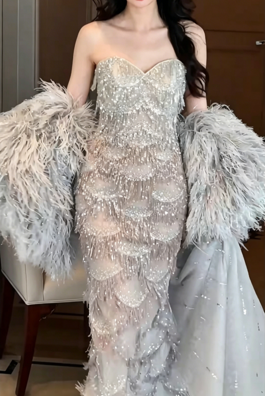 Glittering Strapless Silver Prom Dress Tassel Sequins Mermaid Evening Dress GG6545
