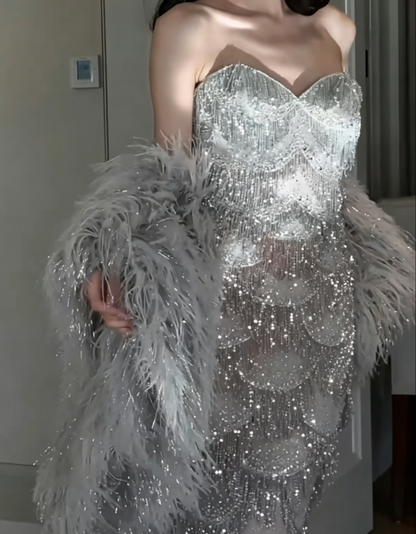 Glittering Strapless Silver Prom Dress Tassel Sequins Mermaid Evening Dress GG6545