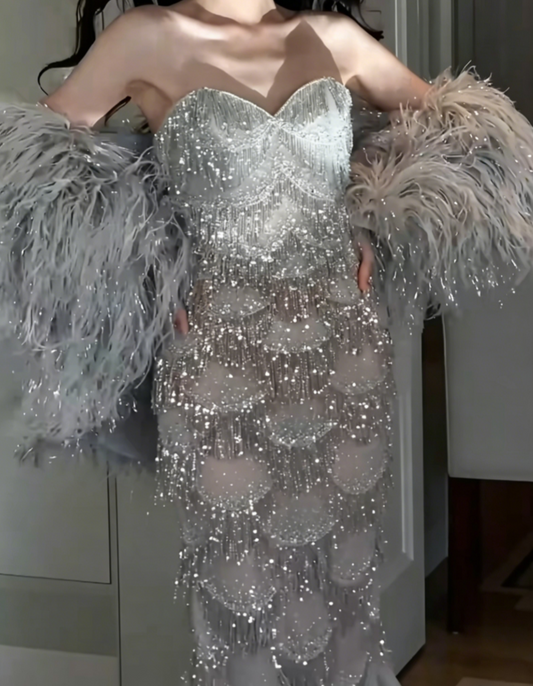 Glittering Strapless Silver Prom Dress Tassel Sequins Mermaid Evening Dress GG6545