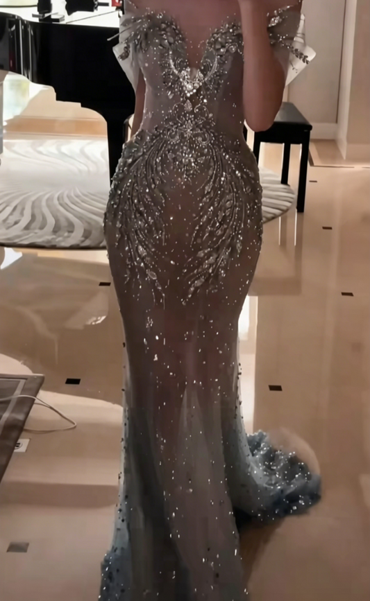 Luxurious Off-Shoulder Gradient Blue Prom Dress Rhinestones Beaded Mermaid Evening Dress GG6546