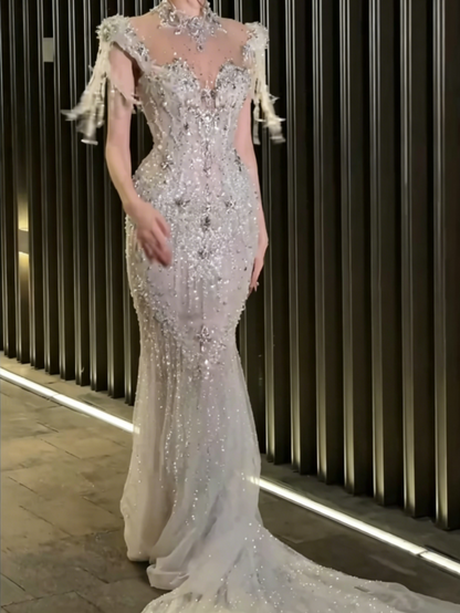 Sparkling High Collar Beaded Wedding Dress Tassel Sequins Mermiad Bridal Dress GG6547