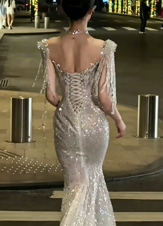 Sparkling High Collar Beaded Wedding Dress Tassel Sequins Mermiad Bridal Dress GG6547
