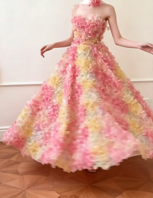 Alluring Strapless Pink Prom Dress Florals Beads A-Line Evening Dress GG6549