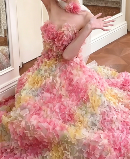 Alluring Strapless Pink Prom Dress Florals Beads A-Line Evening Dress GG6549