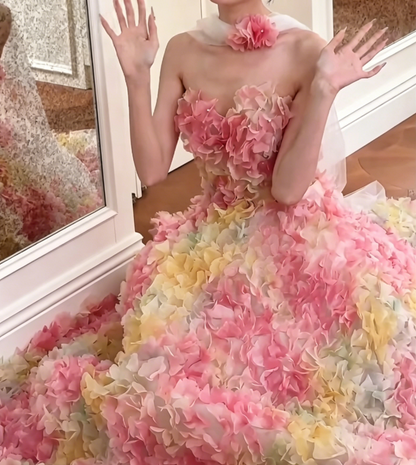 Alluring Strapless Pink Prom Dress Florals Beads A-Line Evening Dress GG6549