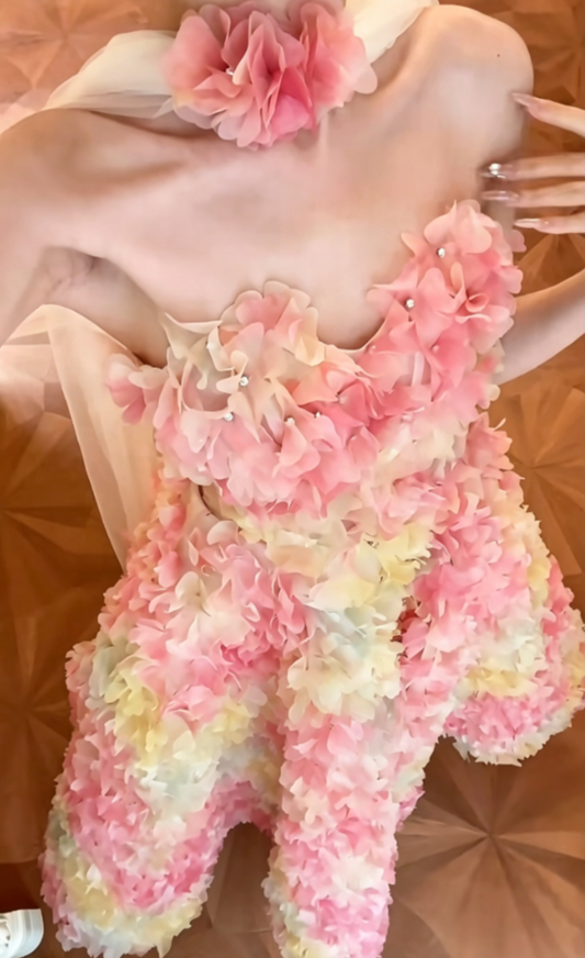 Alluring Strapless Pink Prom Dress Florals Beads A-Line Evening Dress GG6549