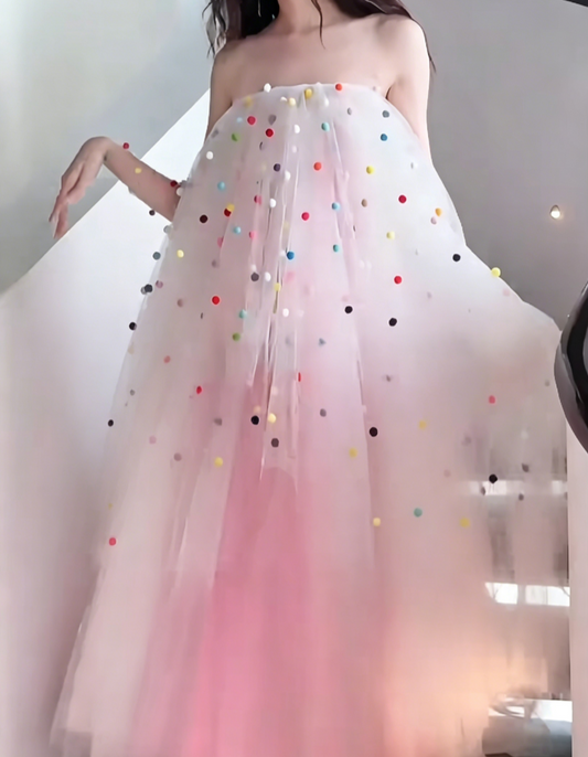 Playful Strapless Pink Prom Dress Tiered Tulle A-Line Evening Dress GG6550