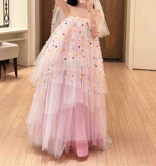 Playful Strapless Pink Prom Dress Tiered Tulle A-Line Evening Dress GG6550