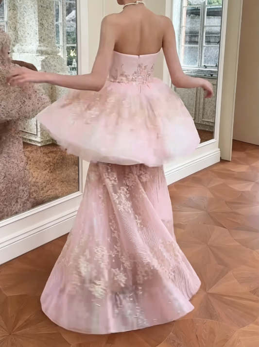 Romantic Strapless Tiered Pink Prom Dress Floral Sequins Mermaid Evening Dress GG6551