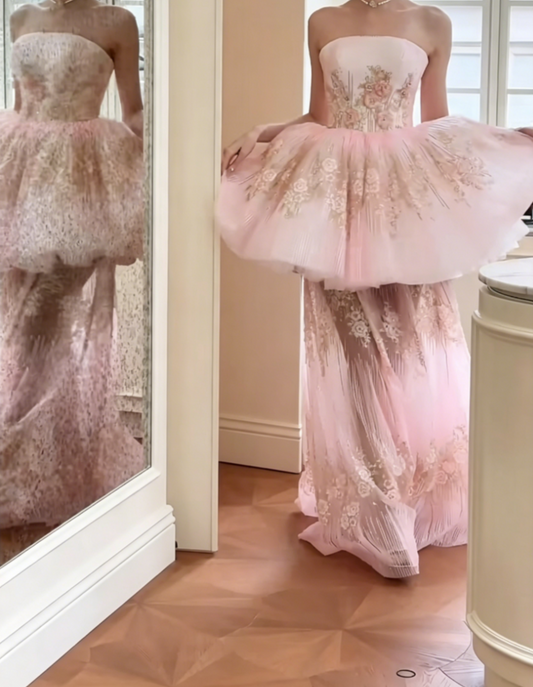 Romantic Strapless Tiered Pink Prom Dress Floral Sequins Mermaid Evening Dress GG6551