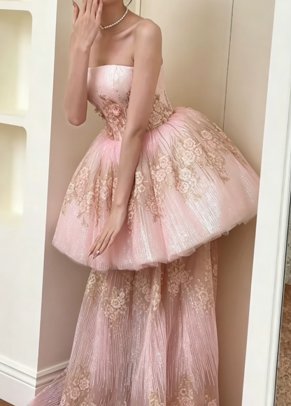 Romantic Strapless Tiered Pink Prom Dress Floral Sequins Mermaid Evening Dress GG6551