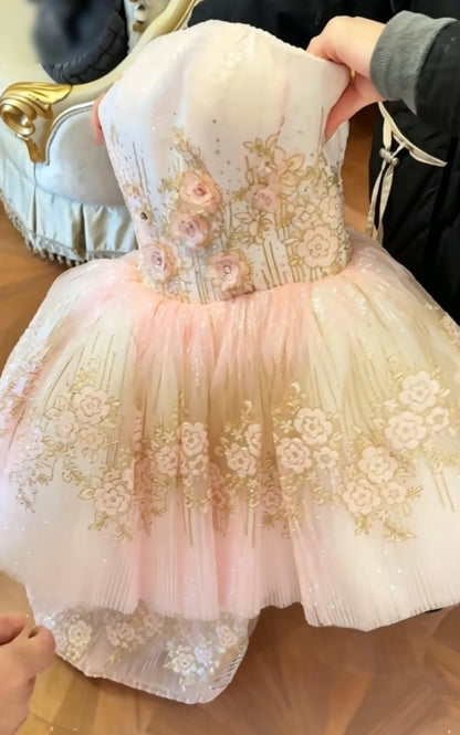Romantic Strapless Tiered Pink Prom Dress Floral Sequins Mermaid Evening Dress GG6551