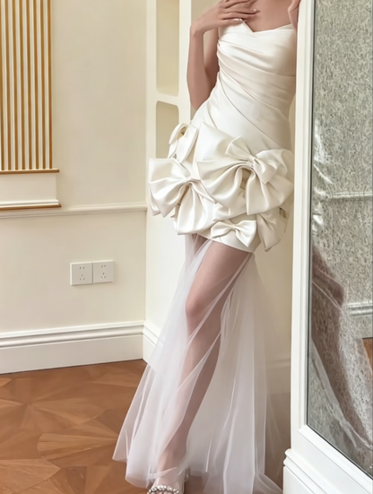 Elegant Strapless Satin Wedding Dress Bows Tulle Mermiad Bridal Dress GG6553