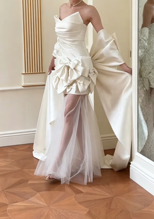 Elegant Strapless Satin Wedding Dress Bows Tulle Mermiad Bridal Dress GG6553