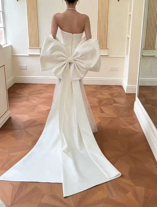 Elegant Strapless Satin Wedding Dress Bows Tulle Mermiad Bridal Dress GG6553