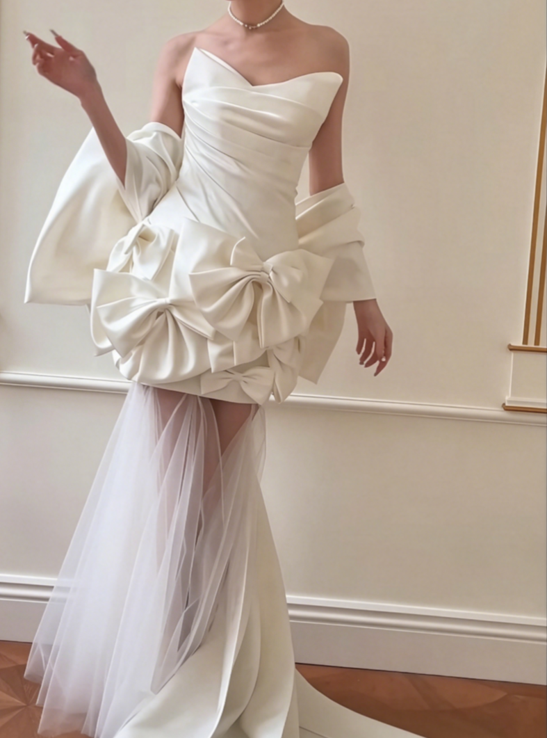 Elegant Strapless Satin Wedding Dress Bows Tulle Mermiad Bridal Dress GG6553