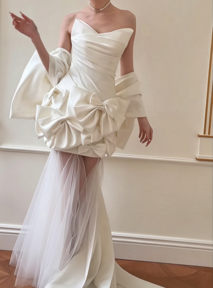 Elegant Strapless Satin Wedding Dress Bows Tulle Mermiad Bridal Dress GG6553