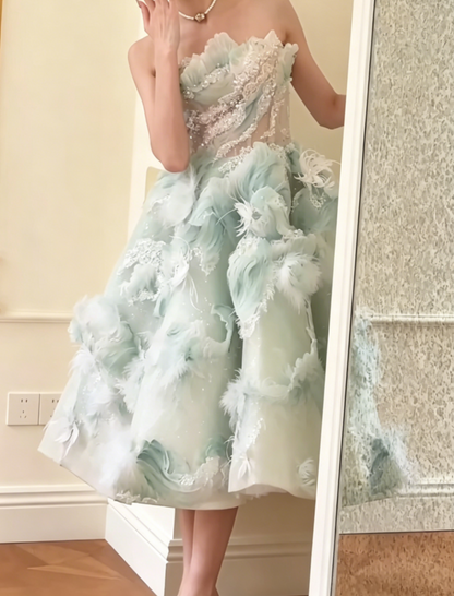 Trendy Strapless Green Prom Dress Sequins Feather A-Line Evening Dress GG6554