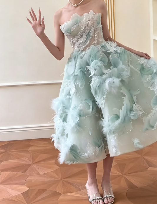 Trendy Strapless Green Prom Dress Sequins Feather A-Line Evening Dress GG6554