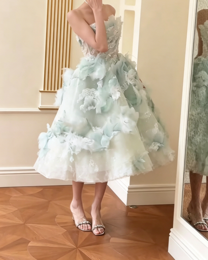Trendy Strapless Green Prom Dress Sequins Feather A-Line Evening Dress GG6554