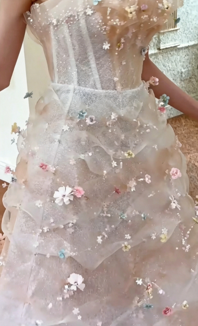 Luxurious Strapless Pink Prom Dress Sequins Floral A-Line Evening Dress GG6555