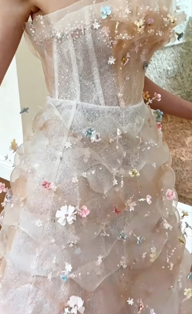 Luxurious Strapless Pink Prom Dress Sequins Floral A-Line Evening Dress GG6555