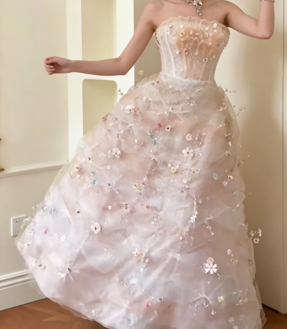 Luxurious Strapless Pink Prom Dress Sequins Floral A-Line Evening Dress GG6555