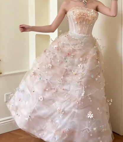 Luxurious Strapless Pink Prom Dress Sequins Floral A-Line Evening Dress GG6555