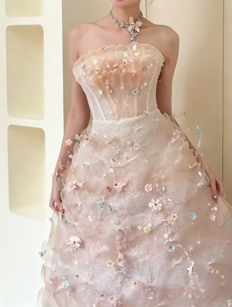 Luxurious Strapless Pink Prom Dress Sequins Floral A-Line Evening Dress GG6555