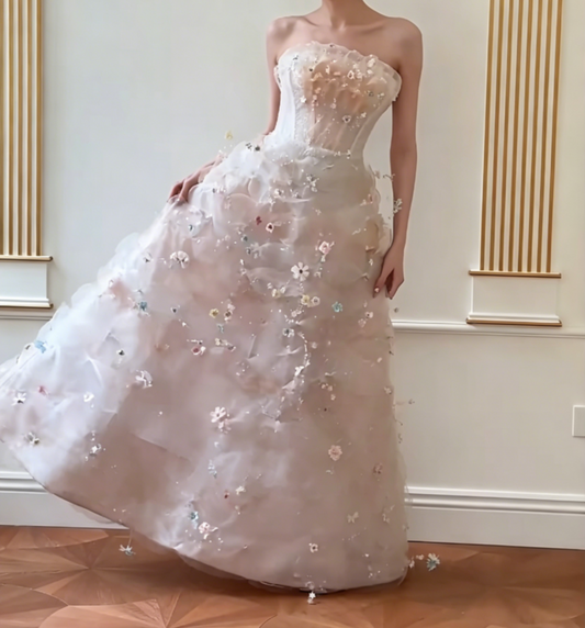 Luxurious Strapless Pink Prom Dress Sequins Floral A-Line Evening Dress GG6555