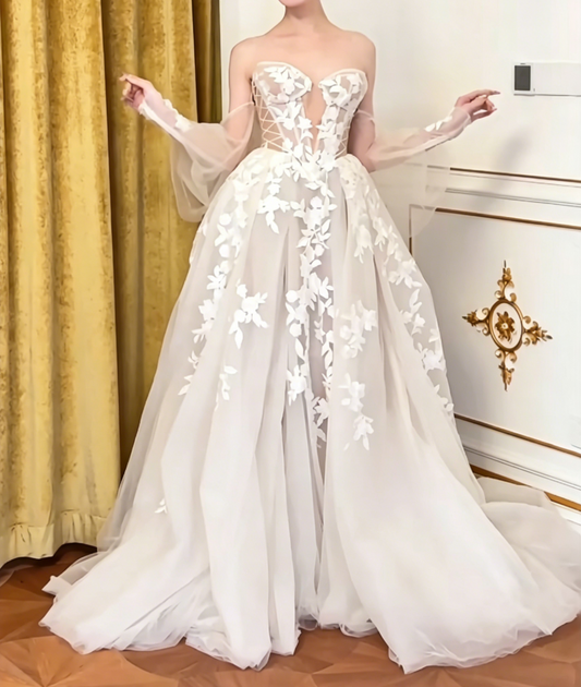 Unique Off-Shoulder Appliques Wedding Dress Long Sleeve Tulle A-Line Bridal Dress GG6556