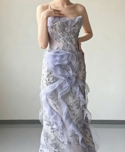 Sleek Strapless Purple Prom Dress Ruffles Sequins Mermaid Evening Dress GG6558