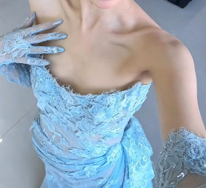 Playful Strapless Blue Prom Dress Lace High Slit Mermaid Evening Dress GG6559