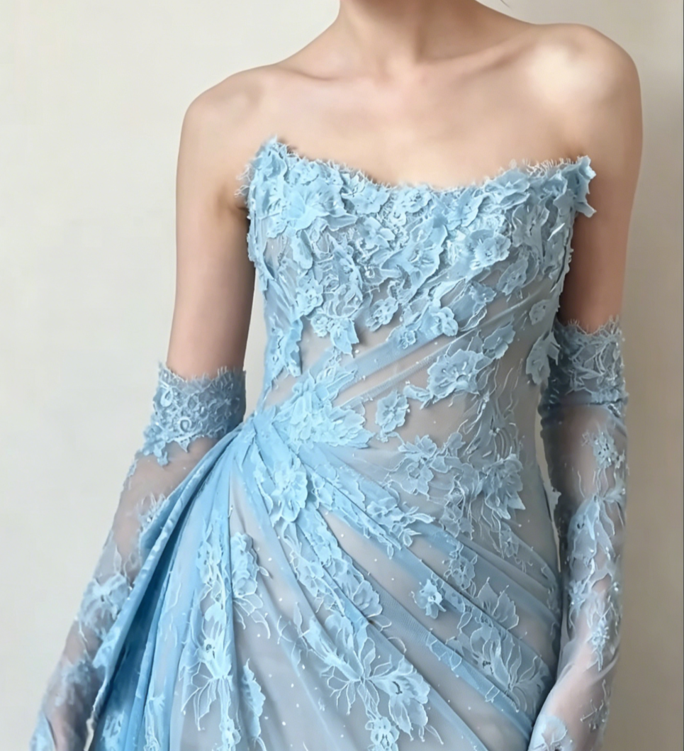 Playful Strapless Blue Prom Dress Lace High Slit Mermaid Evening Dress GG6559