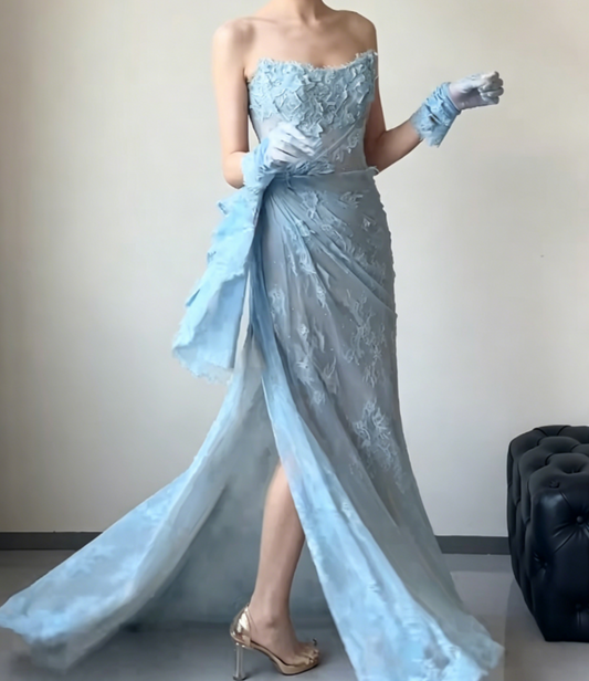 Playful Strapless Blue Prom Dress Lace High Slit Mermaid Evening Dress GG6559