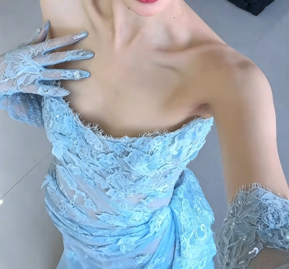 Playful Strapless Blue Prom Dress Lace High Slit Mermaid Evening Dress GG6559