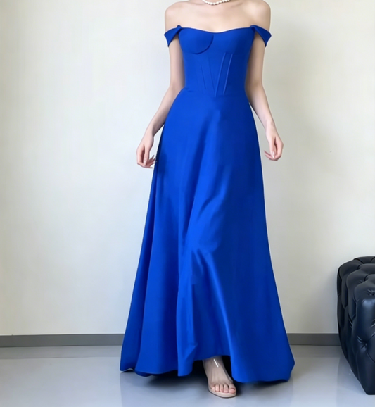 Simple Off-Shoulder Blue Prom Dress Long A-Line Evening Dress GG6563