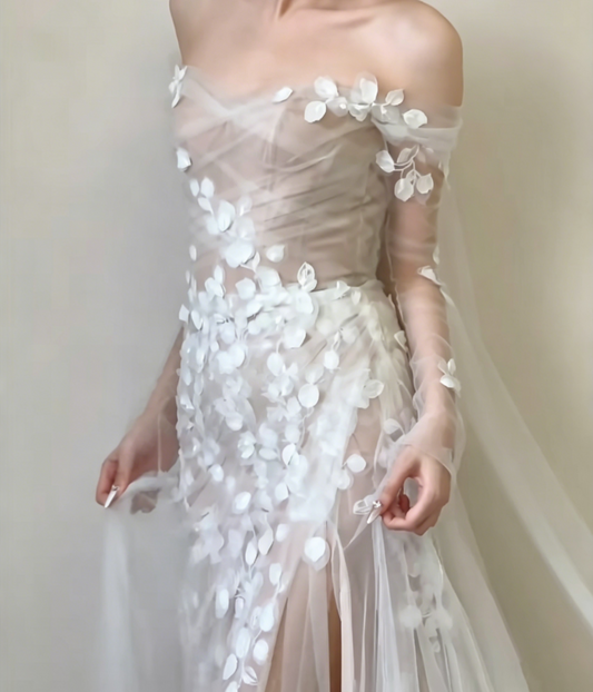 Alluring Off-Shoulder High Slit Wedding Dress Long Sleeve Appliques Mermiad Bridal Dress GG6565