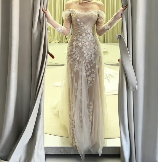 Alluring Off-Shoulder High Slit Wedding Dress Long Sleeve Appliques Mermiad Bridal Dress GG6565